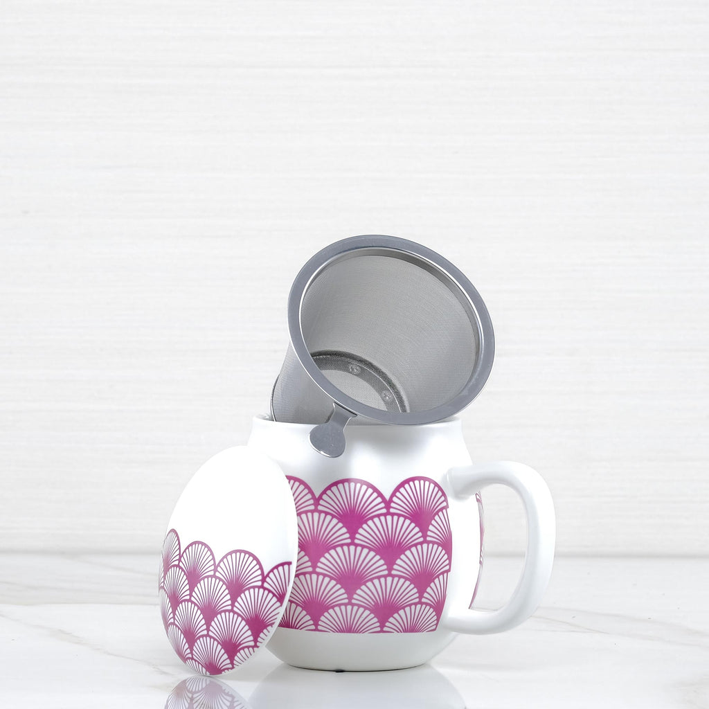 Pink Ventagli Camilla Porcelain Herb Tea Mug with Stainless Steel Strainer Terramar Imports